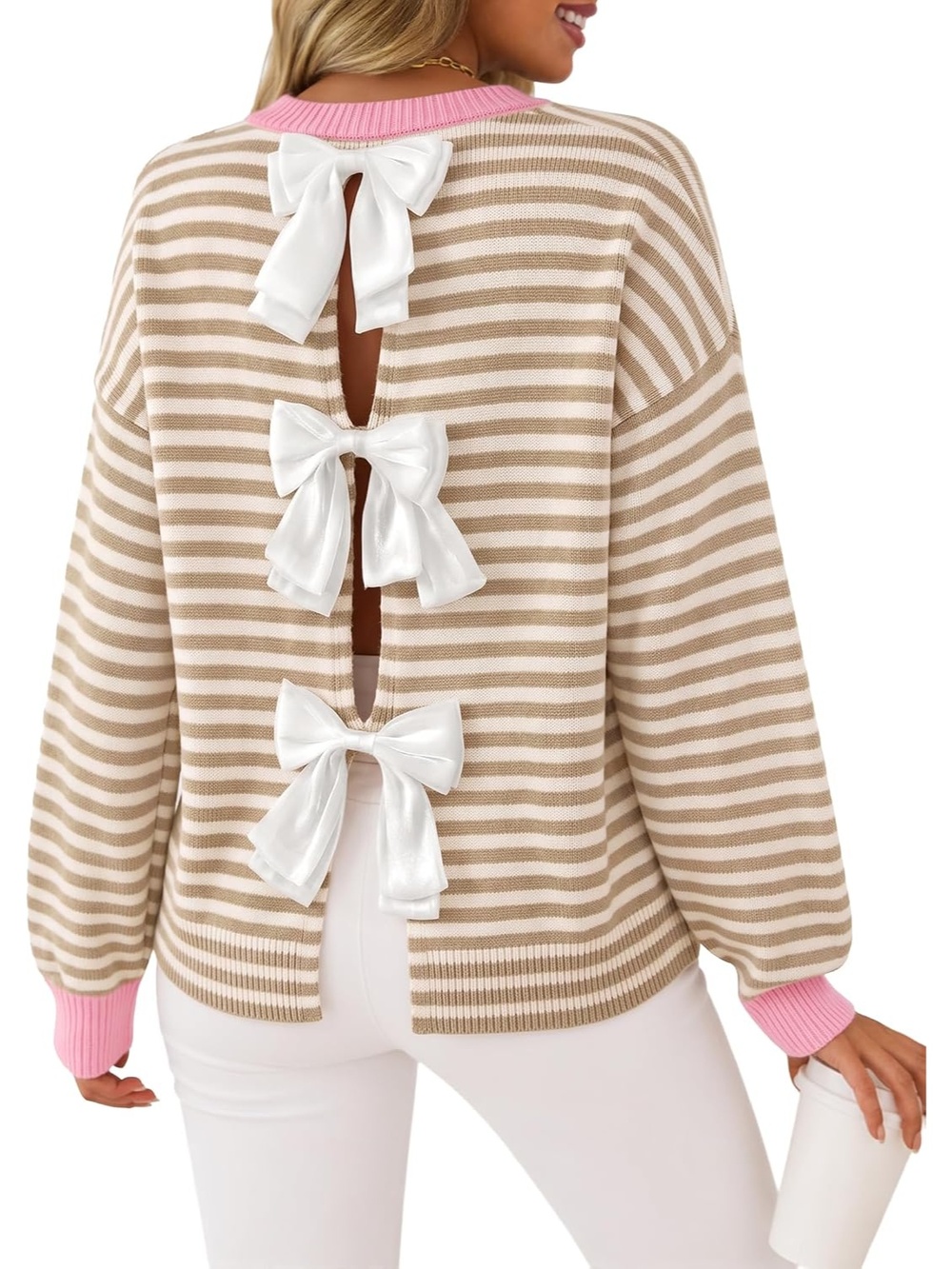 🆕 Women's Apricot Stripe Fall Bow Knot Oversized Casual Pullover Sweaters